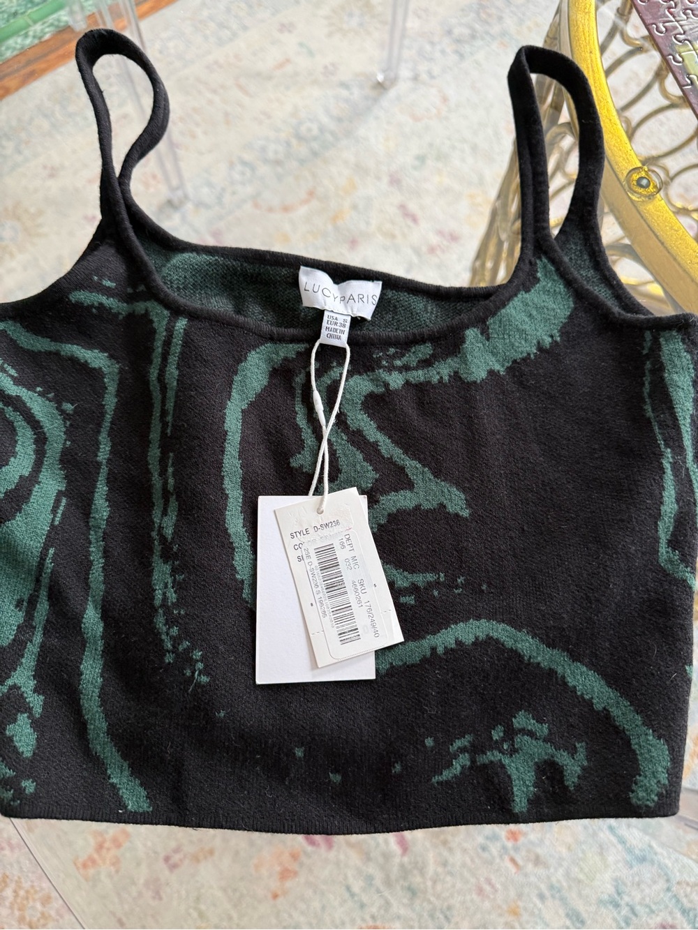 Lucy Paris Black & Forest Green Abstract Knit Crop Tank